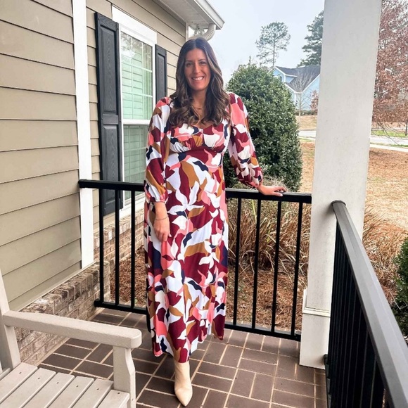 Crepe Maxi A-Line Dress - A New Day™ Red Floral V Neck, Balloon Sleeve 🆕 - Picture 4 of 6